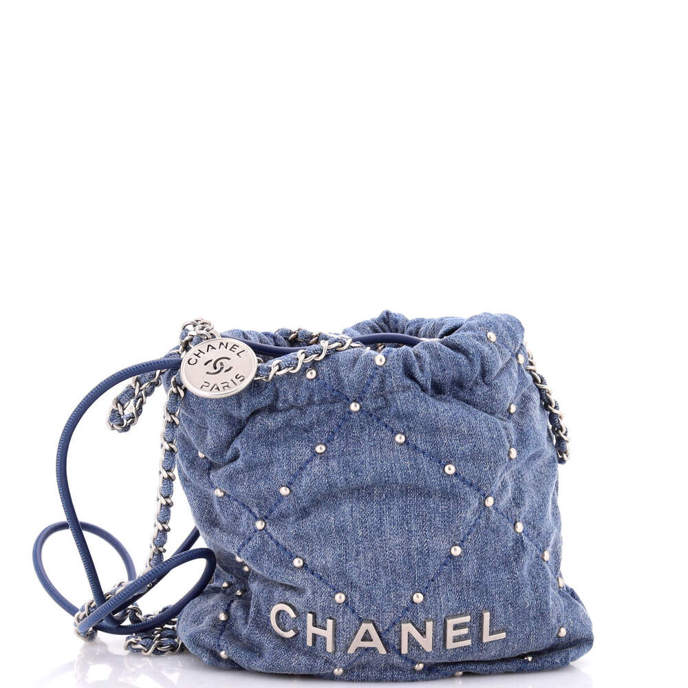 Chanel Mini 22 Chain Hobo Quilted Studded Denim